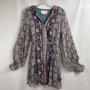 Carolina K Dress Womens Small Gauze Chiffon Side Tassels Boho Hook Eye Front